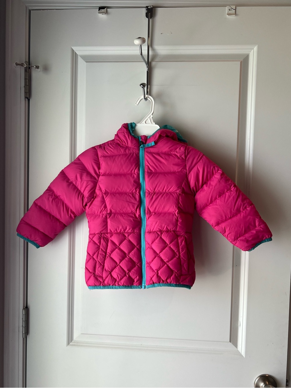 Snozu Girls' Hot Pink Quilted Puffer Jacket with Teal Trim. 3T